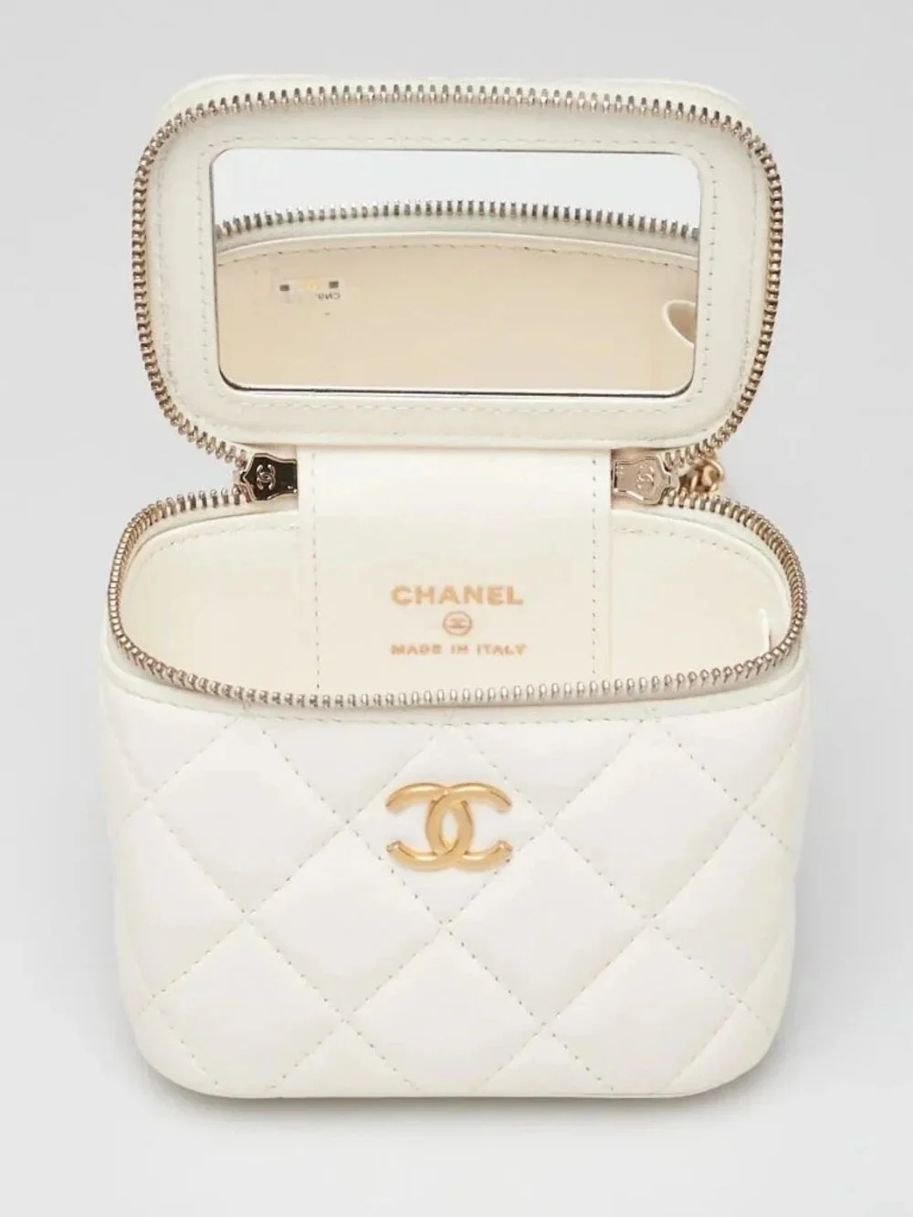 Chanel White Quilted Lambskin Mini Vanity Case With CC Chain Bag